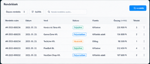 Vezoryx V2 rendelések lista rendelési számmal, vevővel, státusszal és fizetéssel