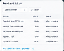 Vezoryx V2 termék- és készletlista készletszintekkel és raktárakkal