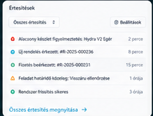 Vezoryx V2 értesítési lista készlet-, rendelés- és feladateseményekkel