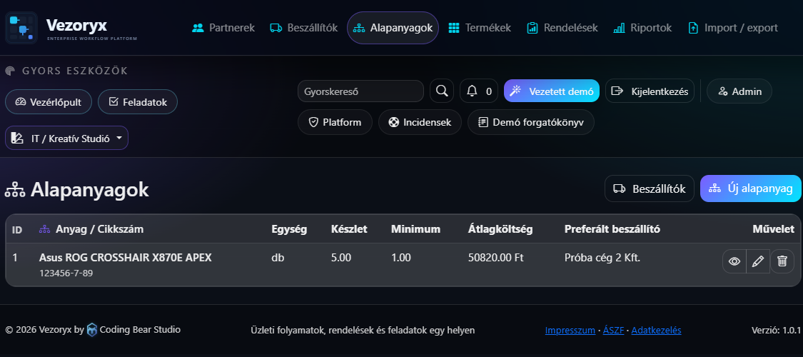 Vezoryx alapanyag lista készlettel, minimum szinttel, átlagköltséggel és beszállítóval