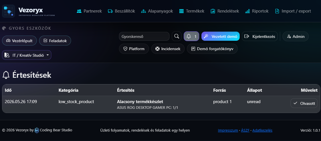 Vezoryx értesítések alacsony termékkészlet figyelmeztetéssel
