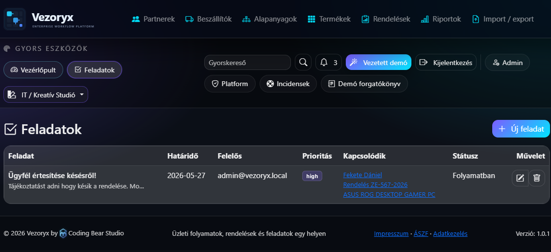Vezoryx feladatlista kapcsolt rendelésekkel, felelőssel, prioritással és státusszal